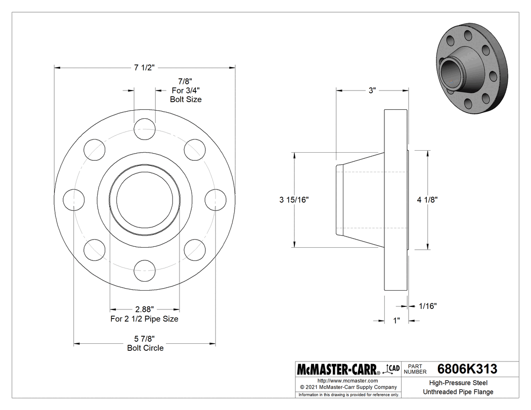 Technical Drawing of High-Pressure Steel Unthreaded Pipe Flange, Butt-Weld, 300 Class, 2-1/2 Pipe Size.